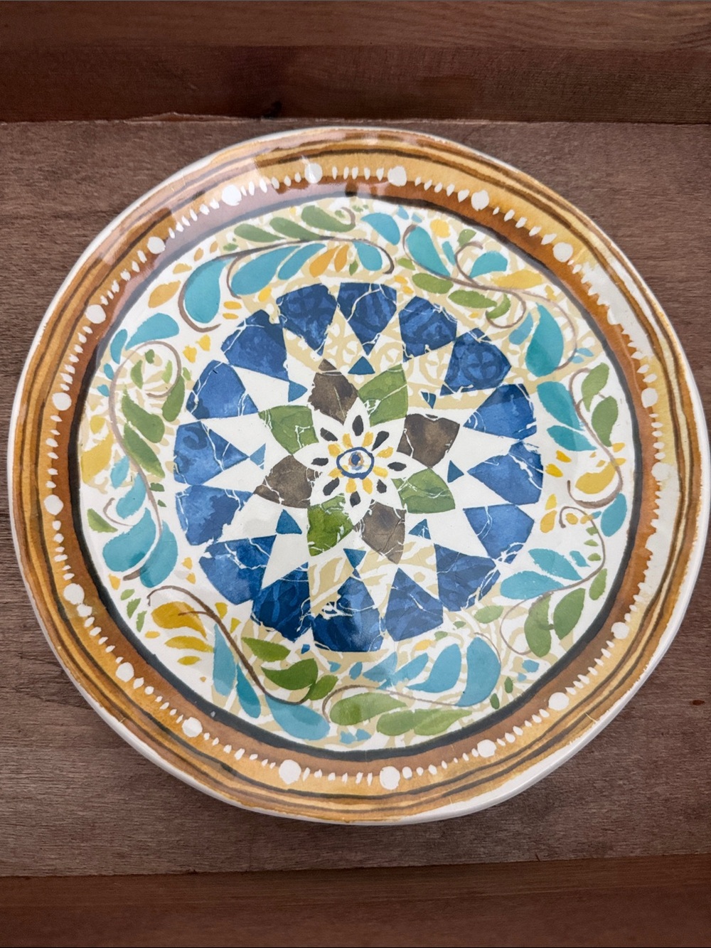 Pottery Barn Melamine Dessert/Salad  Plates in Blue, Green & Gold Set of 6